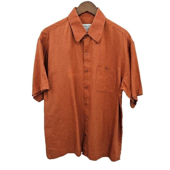 Joseph & Feiss Mens Sz L Linen Button Up Shirt Shirts Short Sleeve Rust Brown - Picture 1 of 9